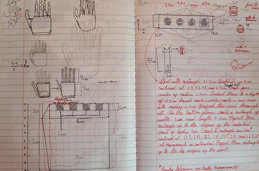 Early design notes and sketches for the articulate digit